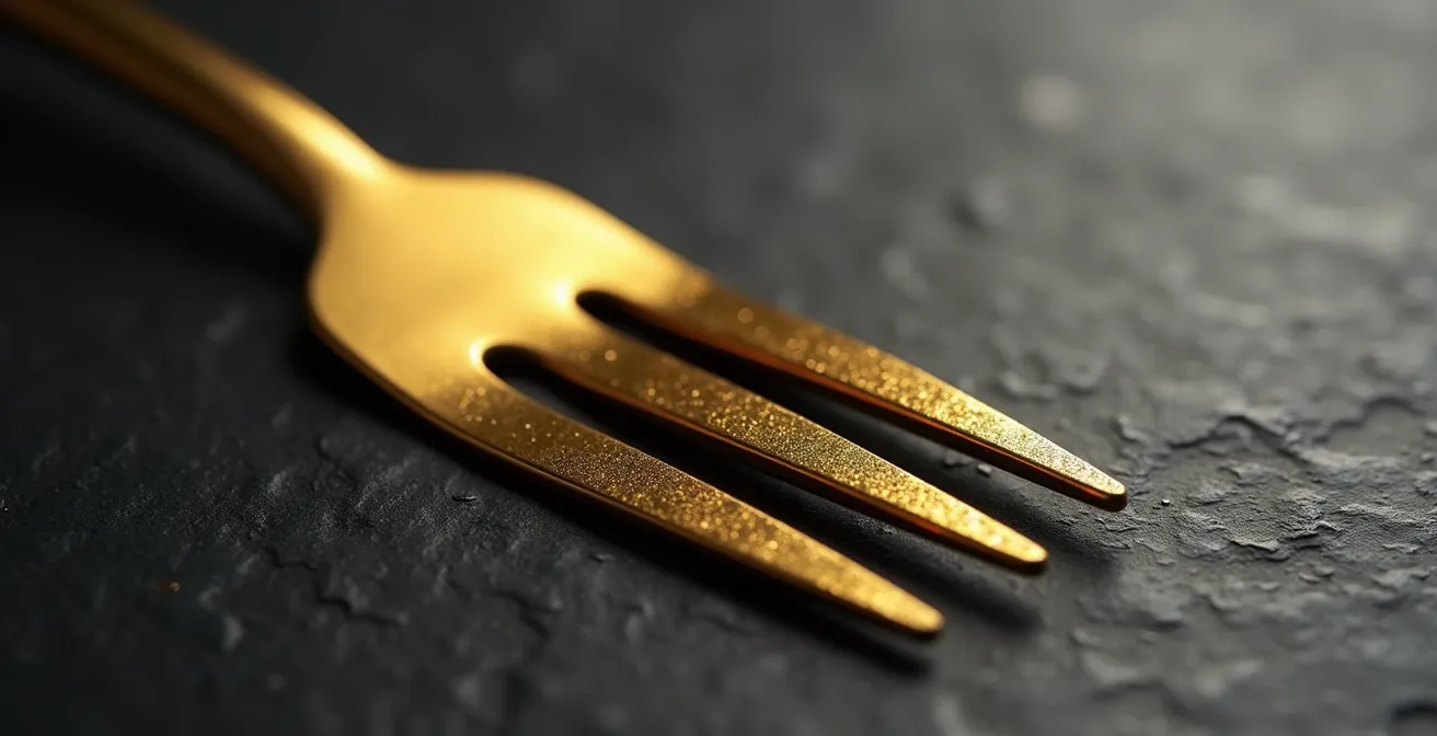 Extreme close-up of PVD-coated gold fork tines showing a smooth, scratch-resistant surface