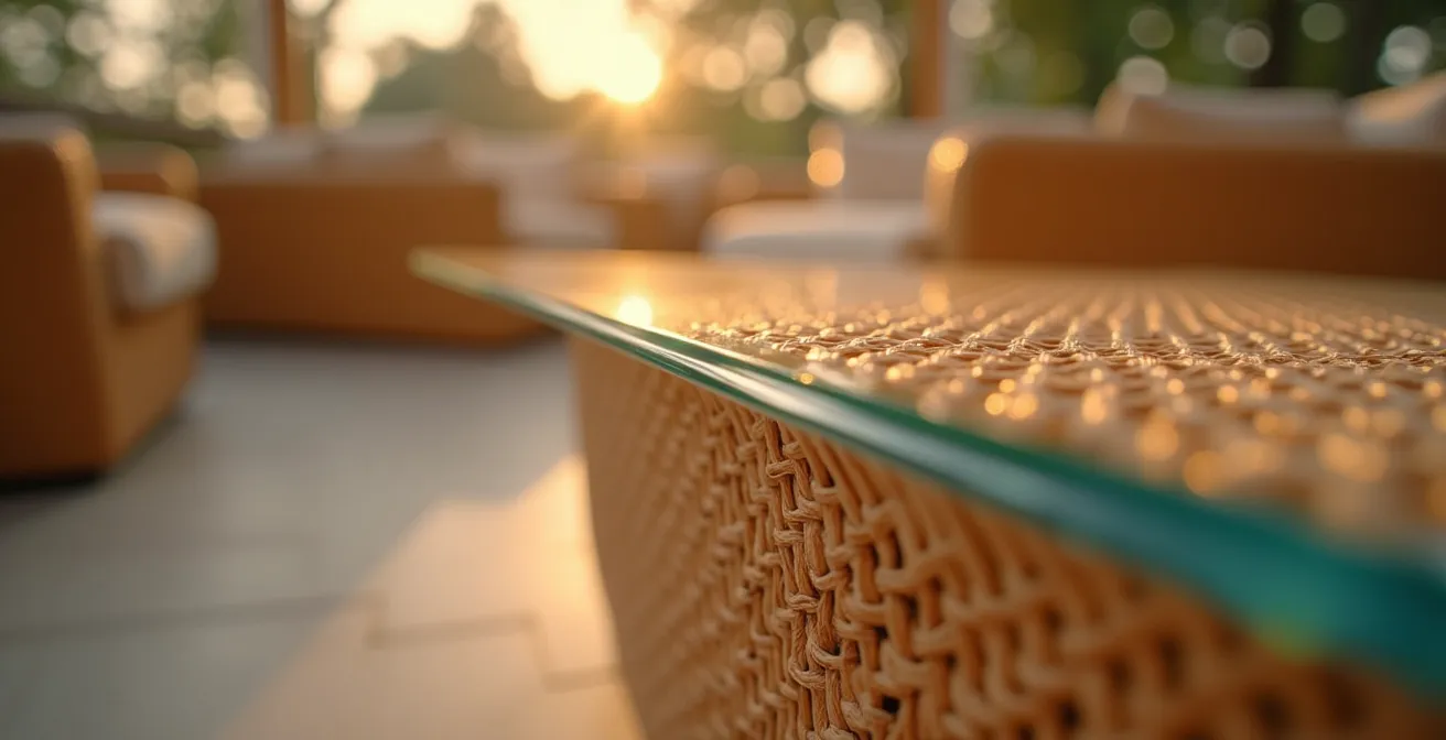 Close-up of rattan chair with glass table showing textural contrast for modern wedding