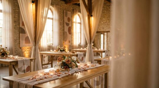 Intimate wedding reception with warm candlelight casting golden glow on textured fabrics and natural floral arrangements