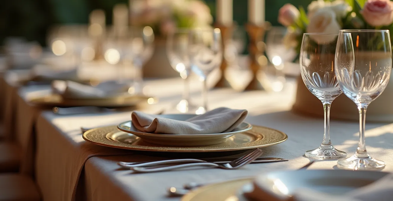 Close-up of an elegantly set round wedding table showing proper spacing between charger plates and glassware for a formal dinner