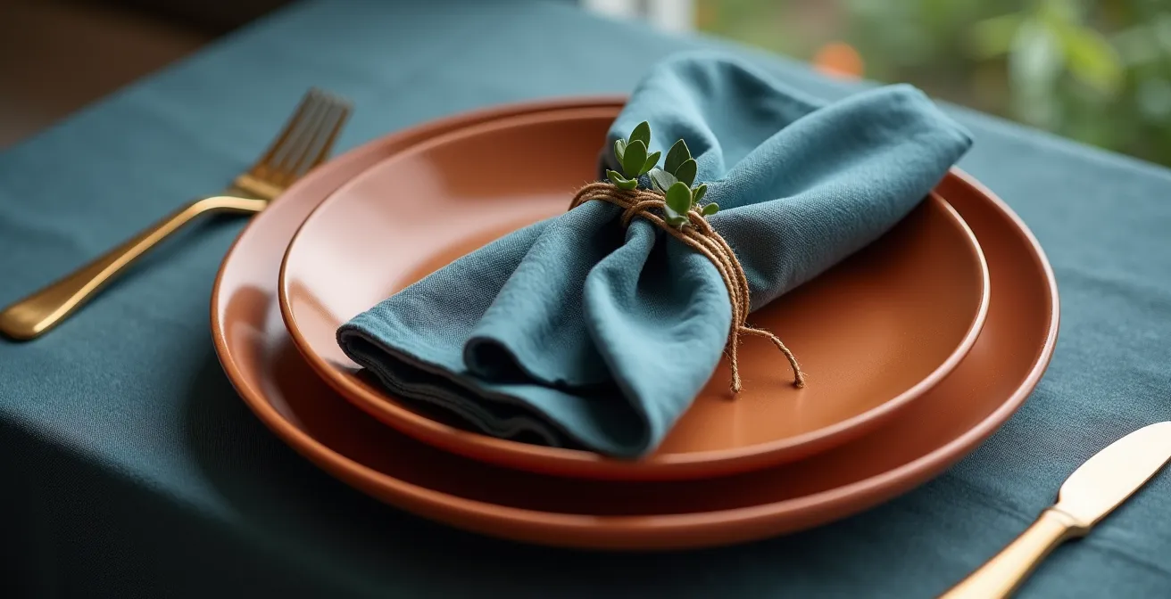 Elegant table setting with tone-on-tone color blocking in muted terracotta and dusty blue hues