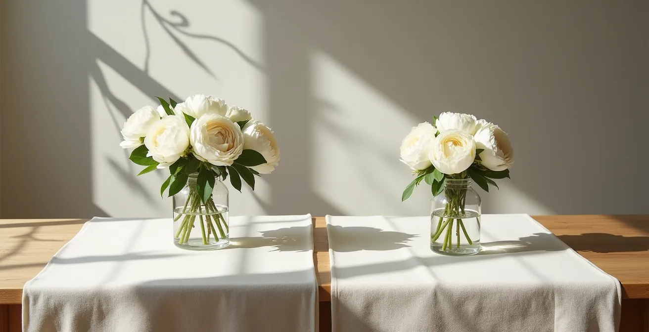 Split view showing same table with steamed gauze runner on left and naturally crinkled on right