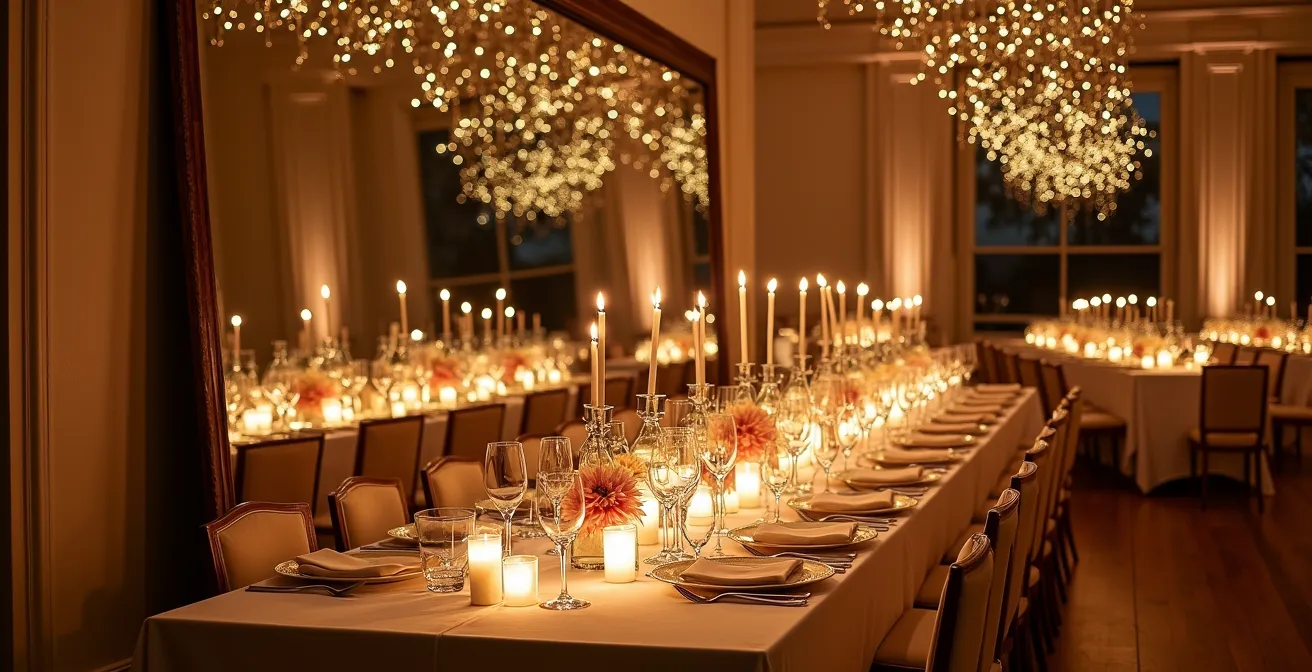 Wedding reception showing floor-to-ceiling mirrors reflecting candlelight and floral arrangements