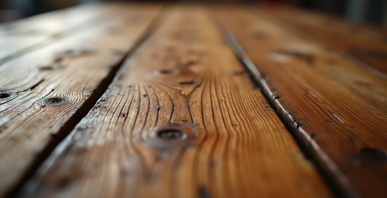 Macro shot of reclaimed wood grain showing natural carbon storage