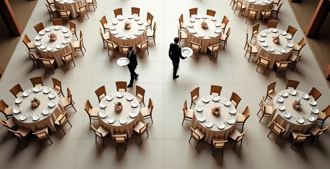 Overhead view of wedding reception table spacing showing server pathways for efficient plated service