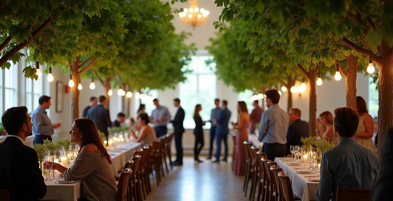 Large rental trees creating a natural canopy in a wedding reception space