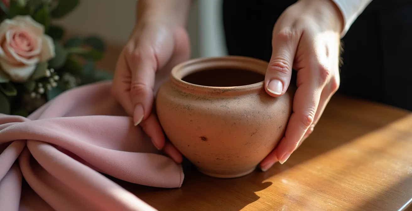 Close-up of wedding table showing terracotta pot next to soft velvet ribbon