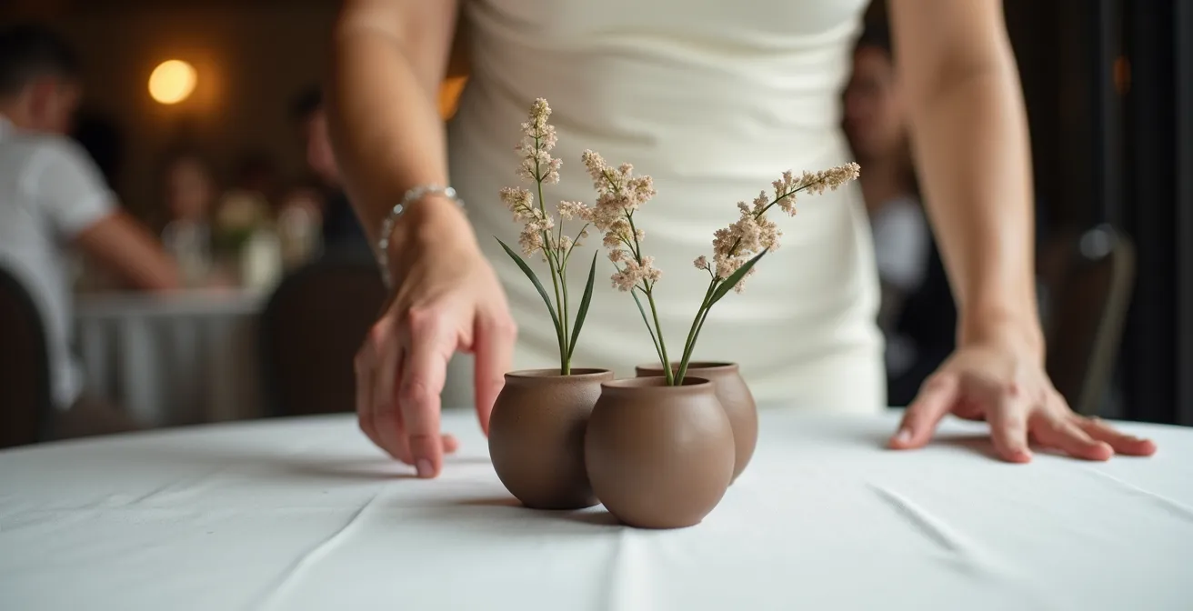 Three small ceramic vases with minimalist ikebana arrangements on wedding table