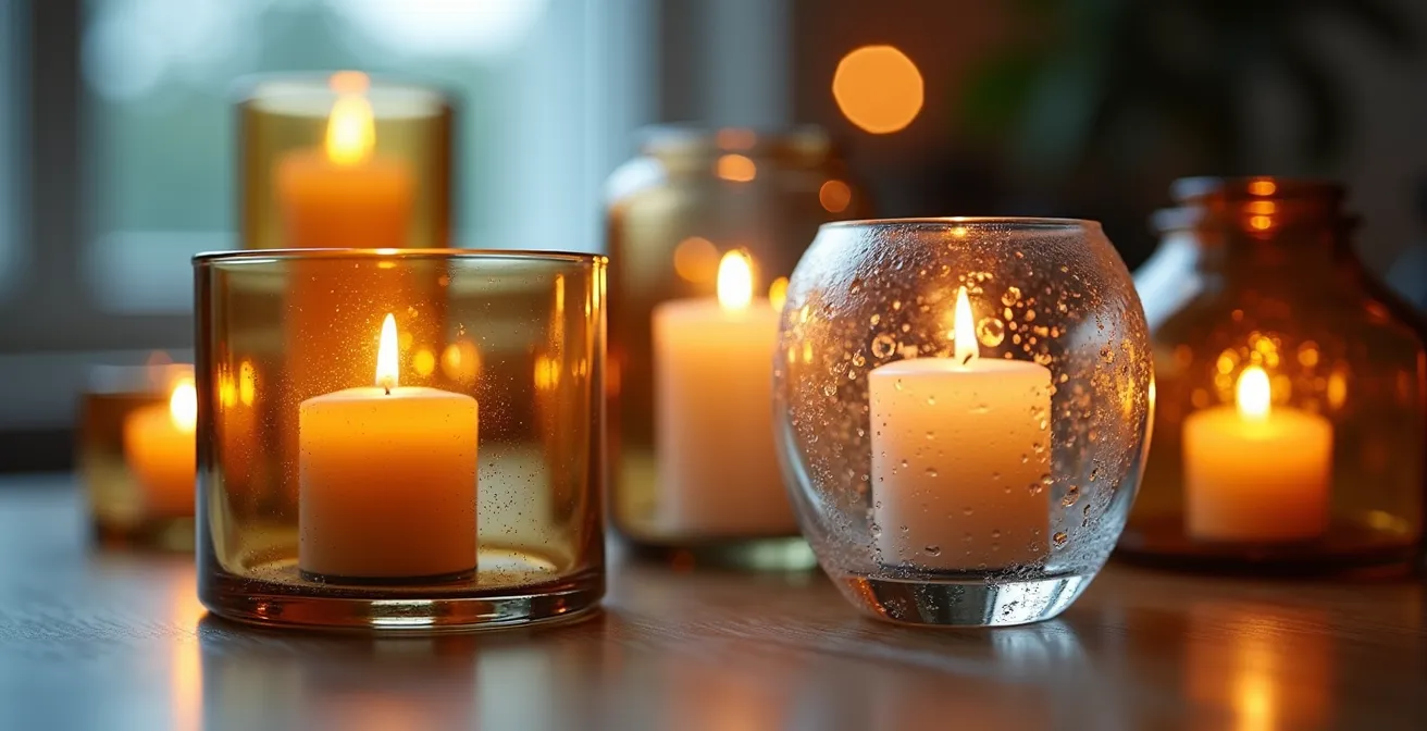 Collection of different glass candle enclosures with varying heights and styles