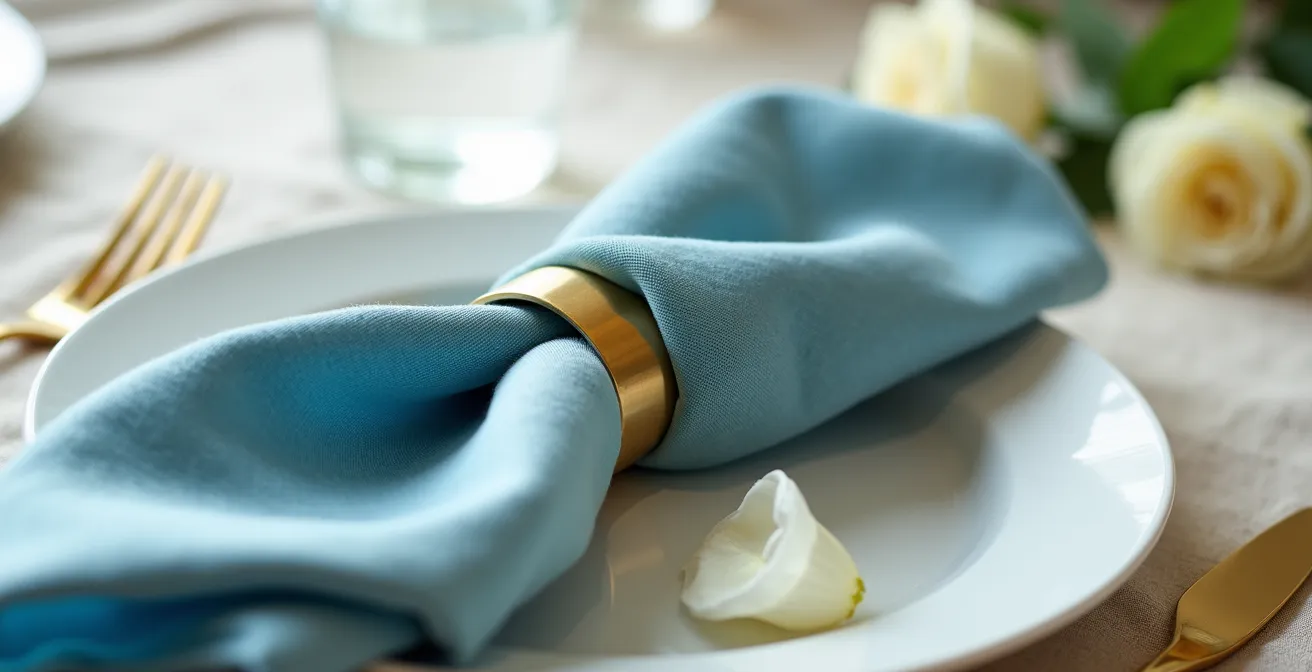 Close-up of draped velvet napkin with metallic ring on summer table setting