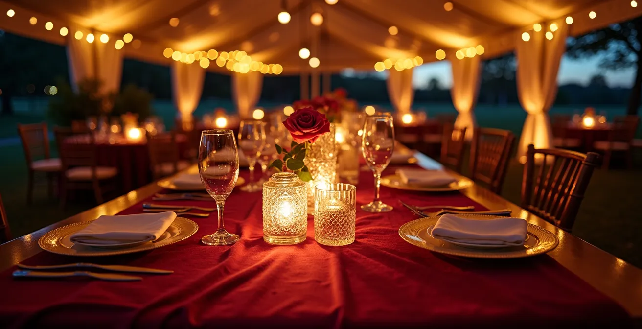 Evening wedding reception showing uplighting on velvet decor elements