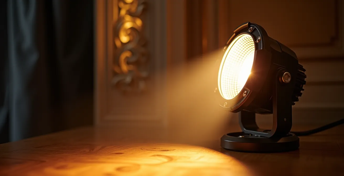Macro shot of uplighting creating dramatic vertical beams on ballroom walls