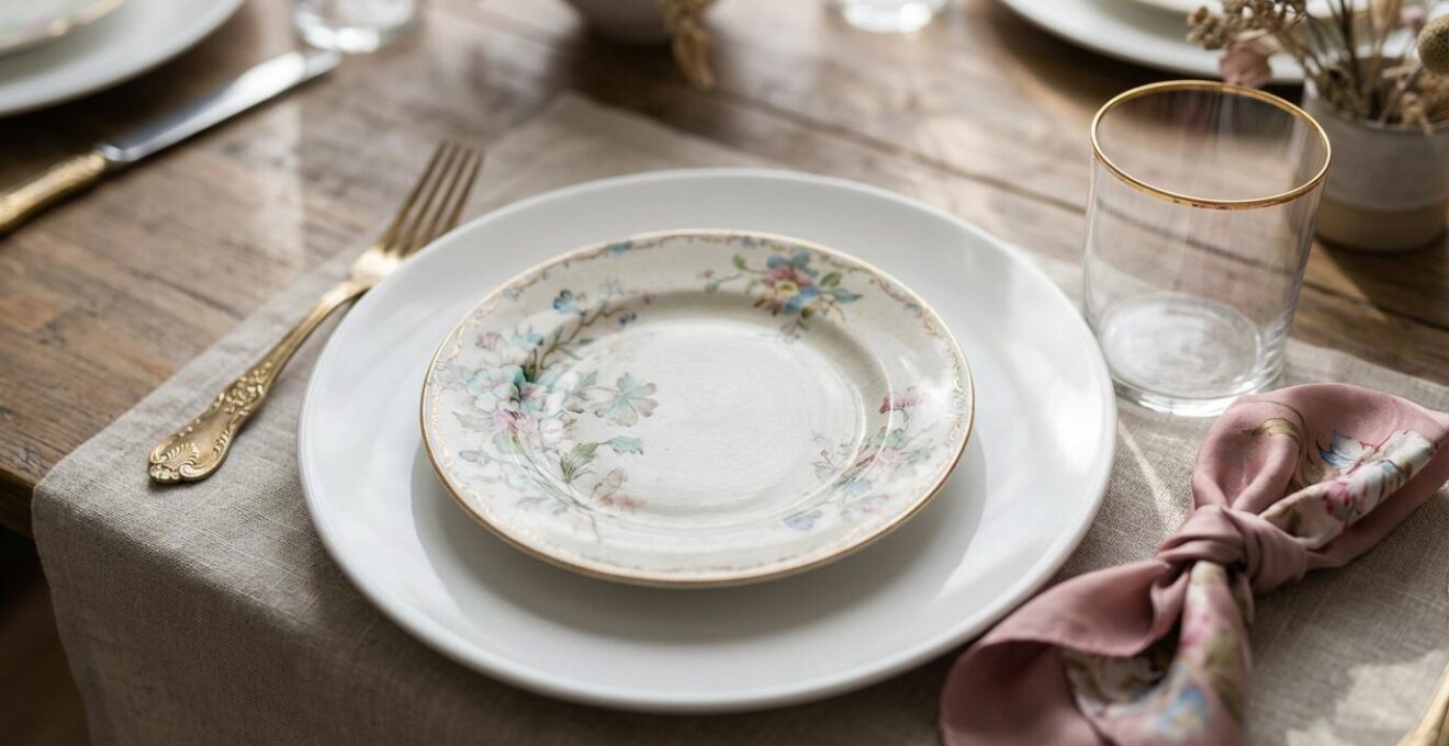 Close-up of mixed vintage and modern table settings with gold accents