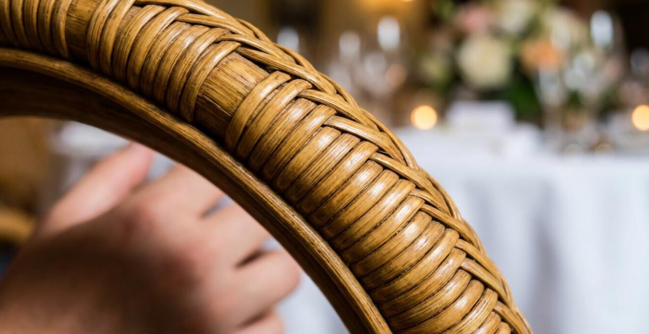 Extreme close-up of vintage rattan weave texture showing quality and smoothness