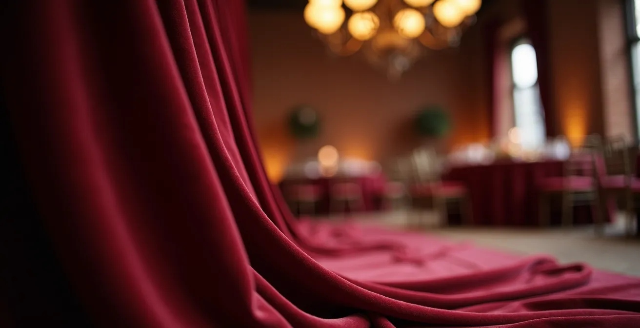 Elegant draped fabrics and area rugs in warehouse wedding space for sound absorption