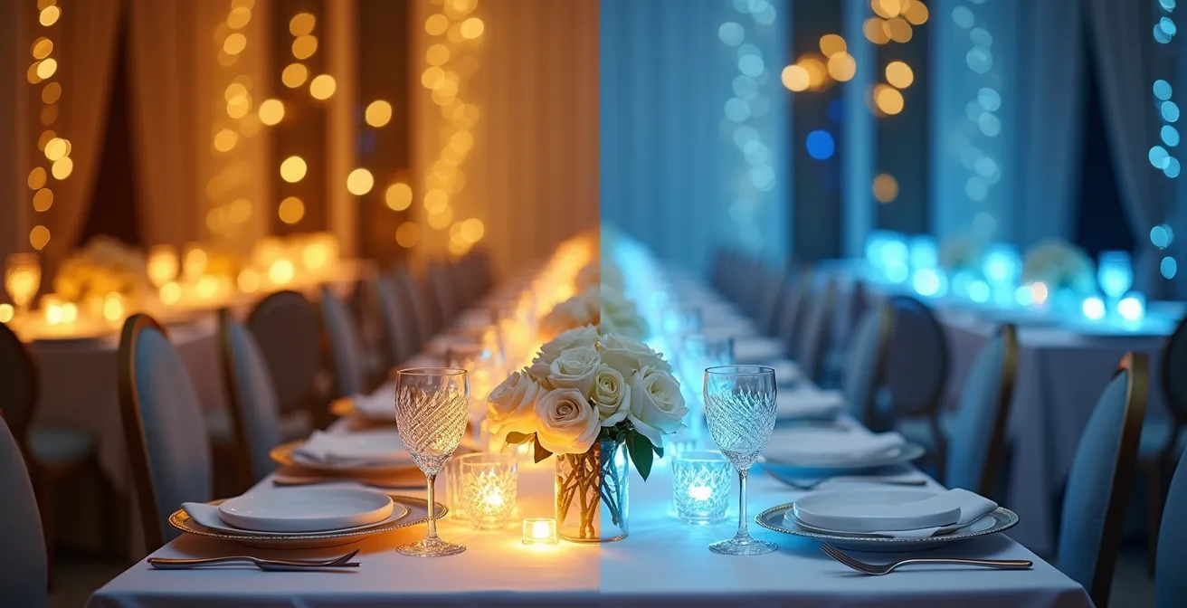 Split composition showing warm white versus cool white fairy lights effect on wedding decor