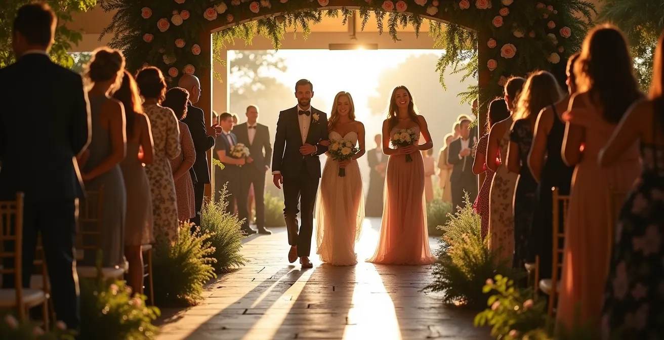 Multi-sensory wedding arrival transition space with curated pathways and a welcoming atmosphere