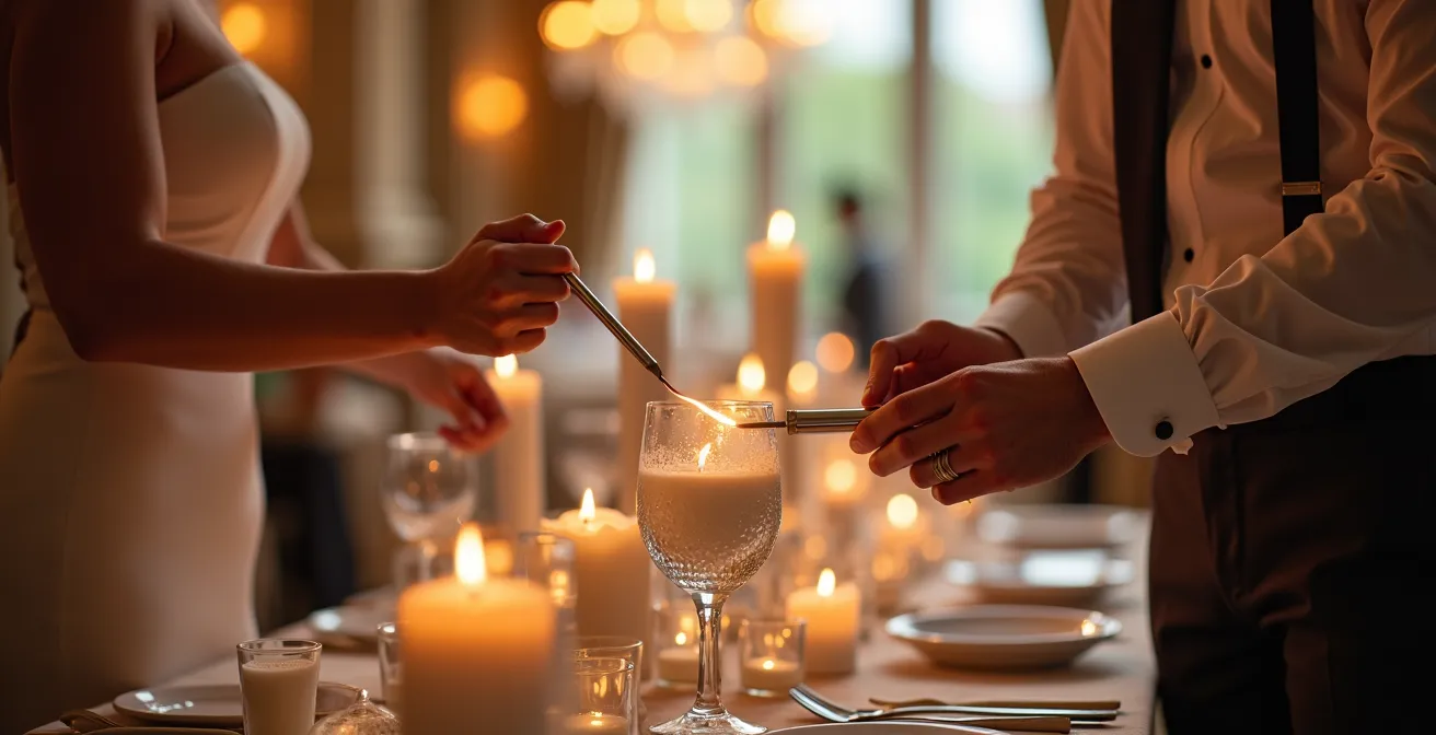 Wedding staff preparing to light multiple candles with professional tools
