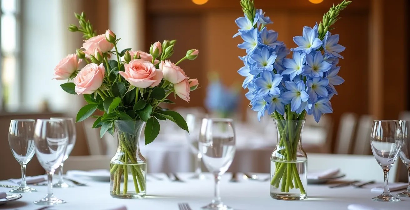 Side view of wedding table showing both low and tall centerpiece options demonstrating proper sight lines between seated guests