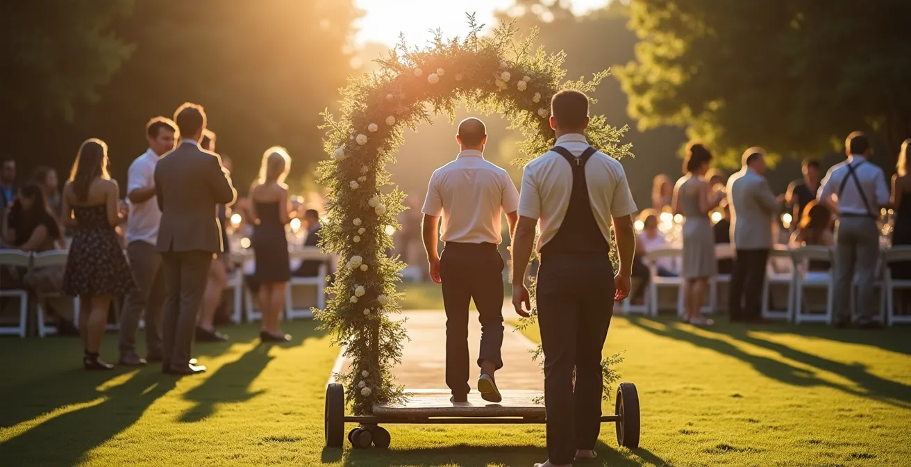 Time-lapse style view showing ceremony arch being transformed into reception backdrop