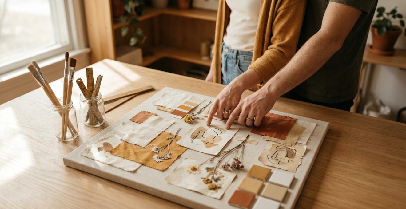 Organized wedding design mood board with fabric swatches and planning elements