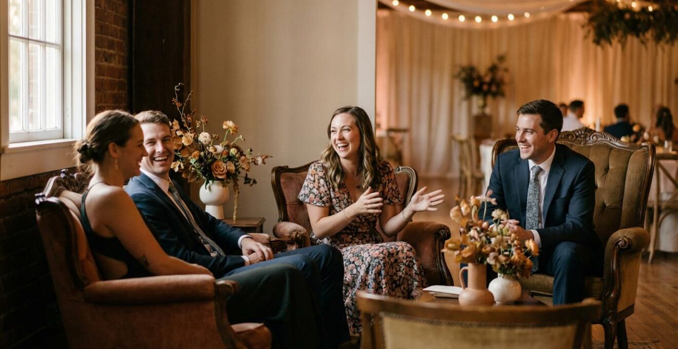Guests naturally gathering in beautifully lit lounge area with comfortable seating and organic conversation flow