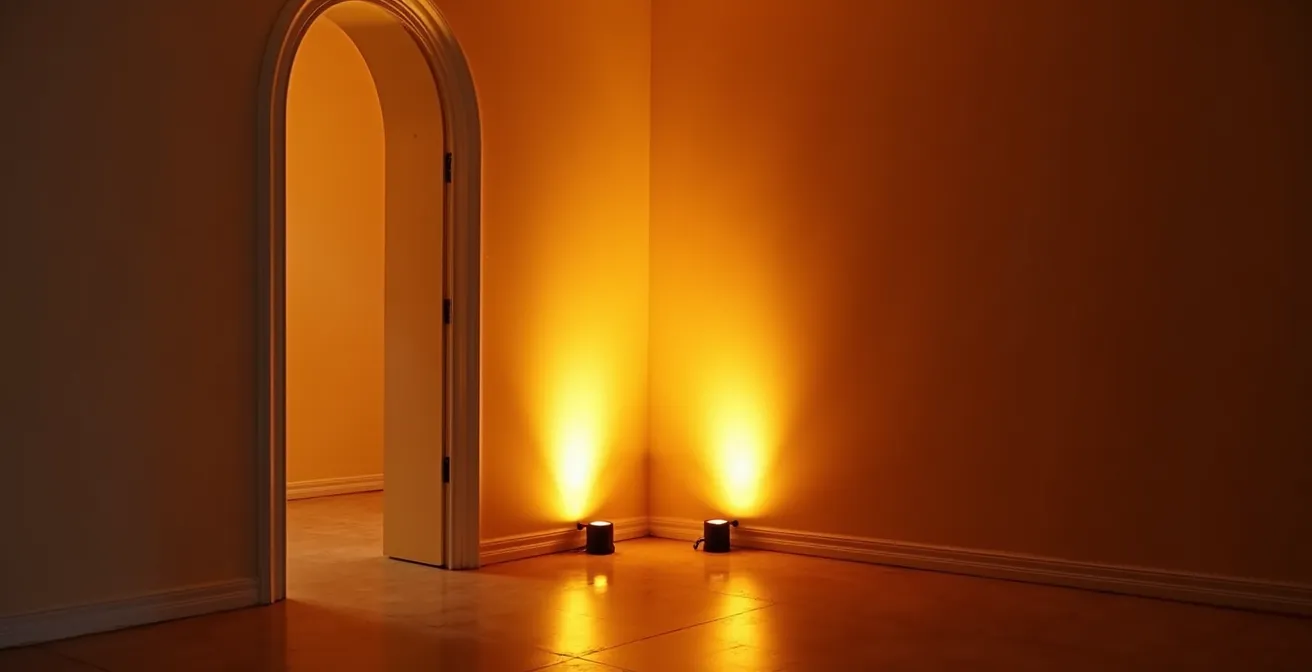 Dramatic colored uplighting washing walls in a wedding reception hall