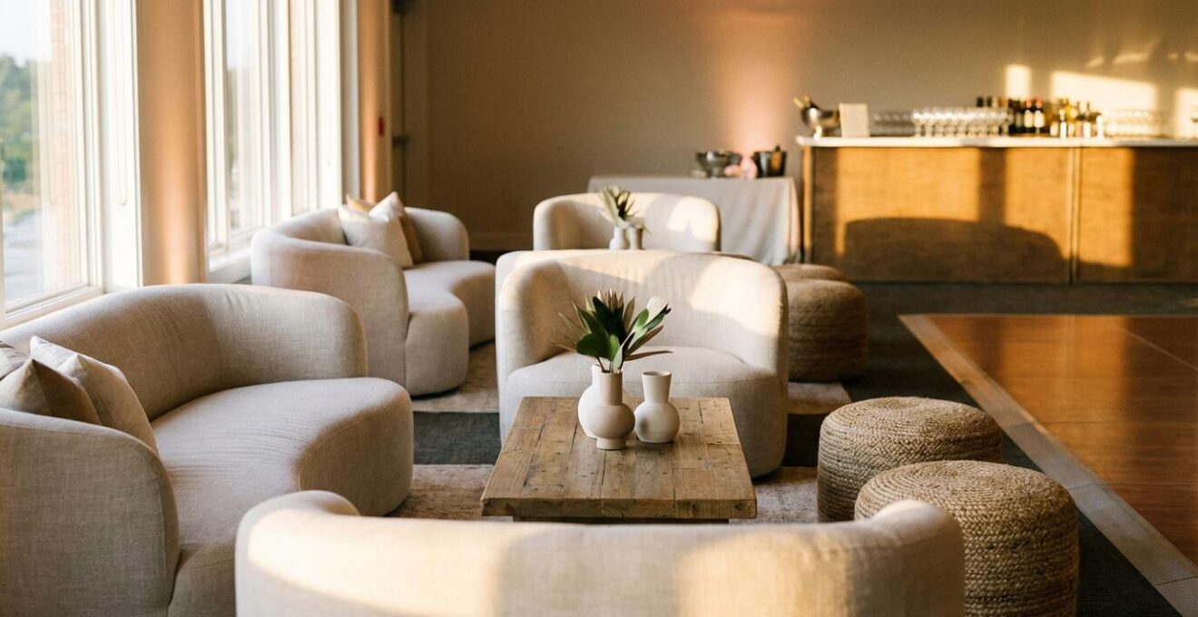 Wedding reception lounge area positioned between bar and dance floor with plush seating at golden hour