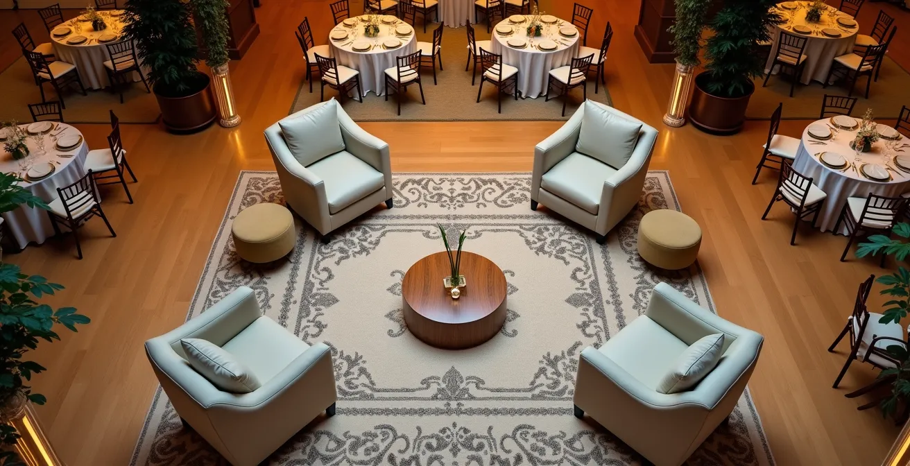 Overhead view of wedding reception showing lounge seating zones and guest movement patterns