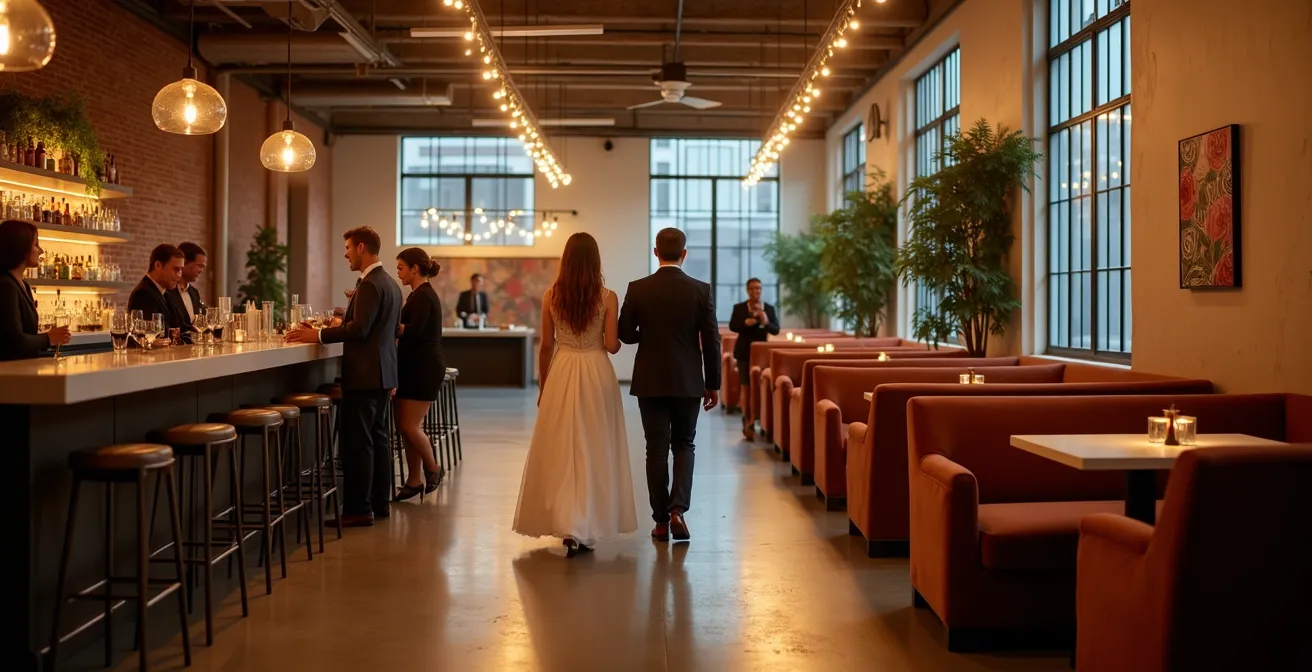 Wedding reception showing strategic layout with bar area flowing into lounge spaces