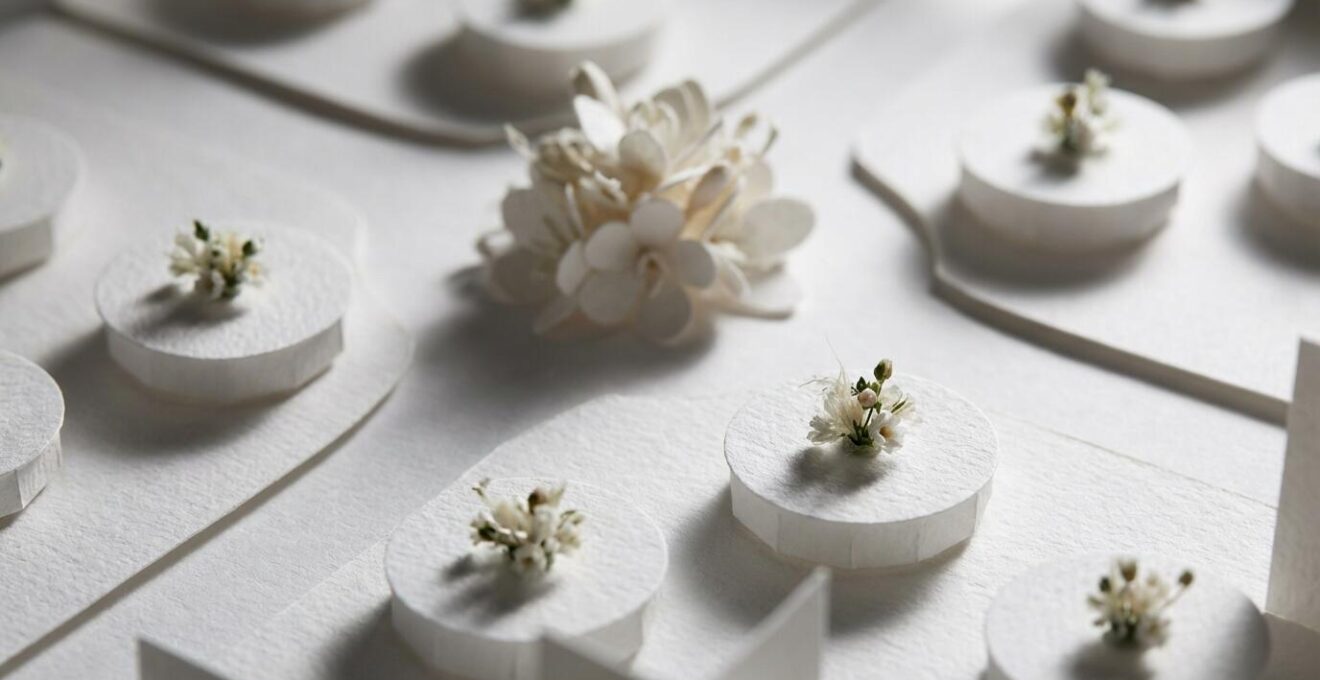 Aerial view of wedding reception entrance with hub and spoke layout showing multiple pathways and station islands