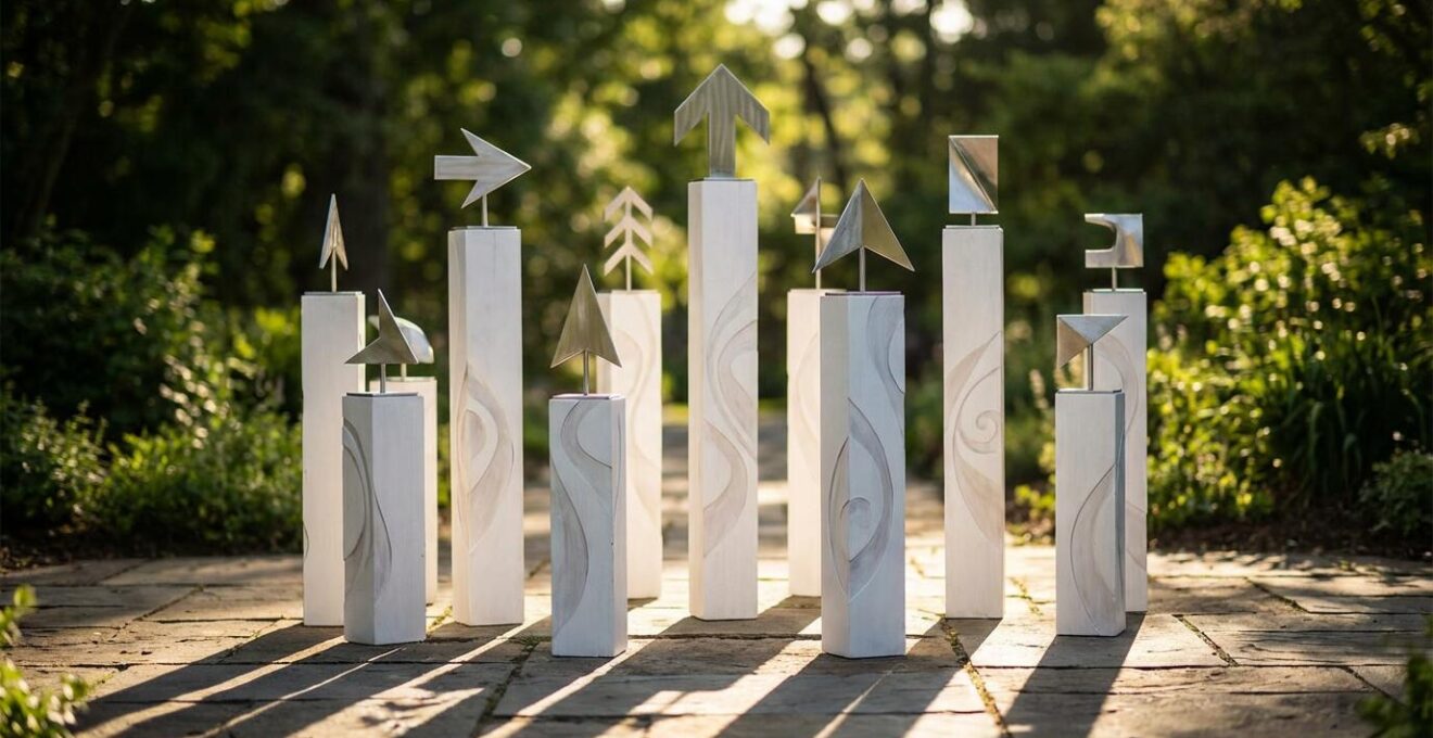 Elegant wedding directional signage system with varying sizes and visual hierarchy displayed in outdoor garden setting