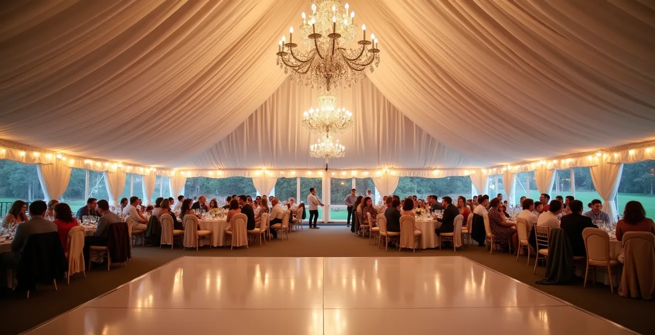Side view diagram showing different chandelier hanging heights in various tent zones from dance floor to dining area