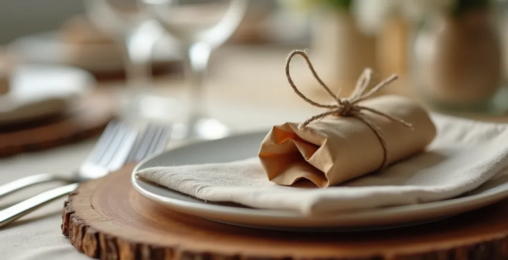 Elegant table setting showing favor placement options at a wedding reception Elegant table setting showing favor placement options at a wedding reception